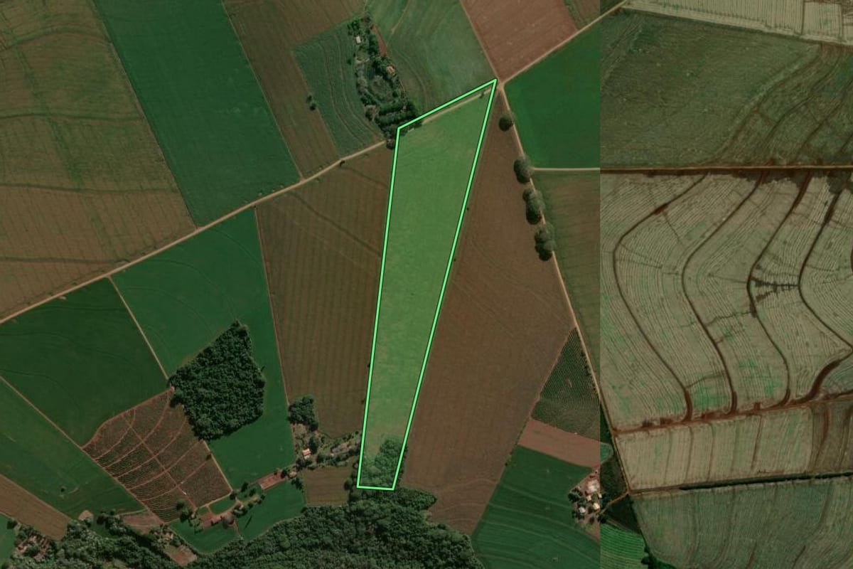 Imagem de satélite do imóvel rural em Rolândia (PR), com o contorno declarado no CAR desenhado por cima.
