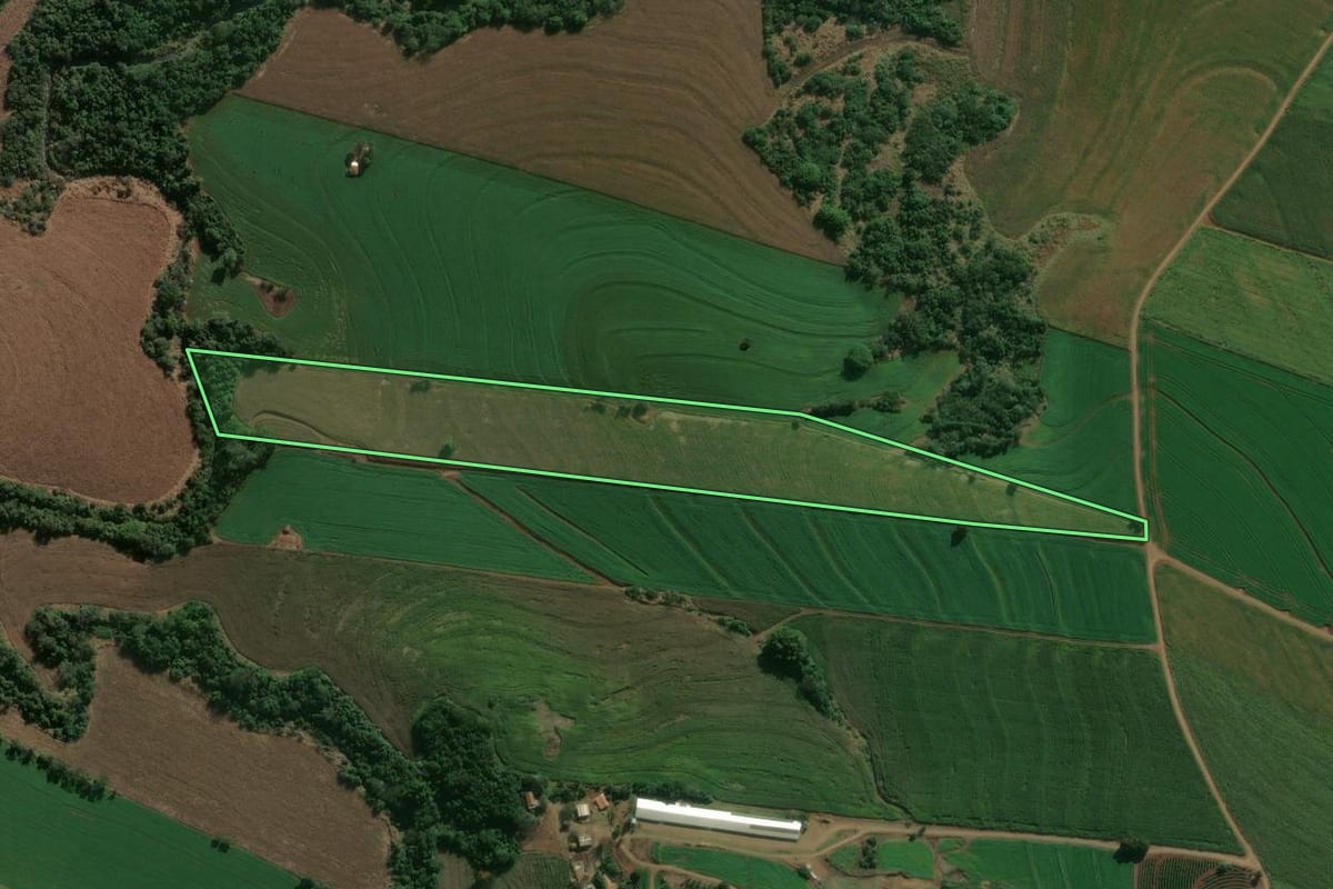 Imagem de satélite do imóvel rural em Rolândia (PR), com o contorno declarado no CAR desenhado por cima.