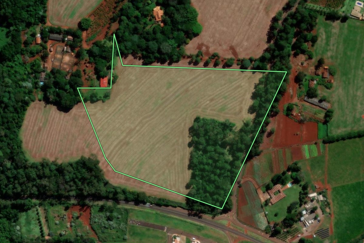 Imagem de satélite do imóvel rural em Rolândia (PR), com o contorno declarado no CAR desenhado por cima.
