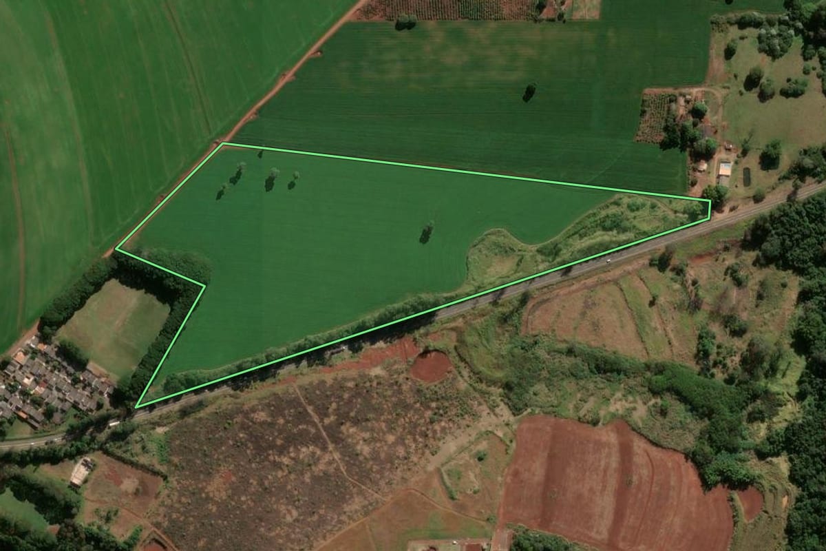 Imagem de satélite do imóvel rural em Rolândia (PR), com o contorno declarado no CAR desenhado por cima.