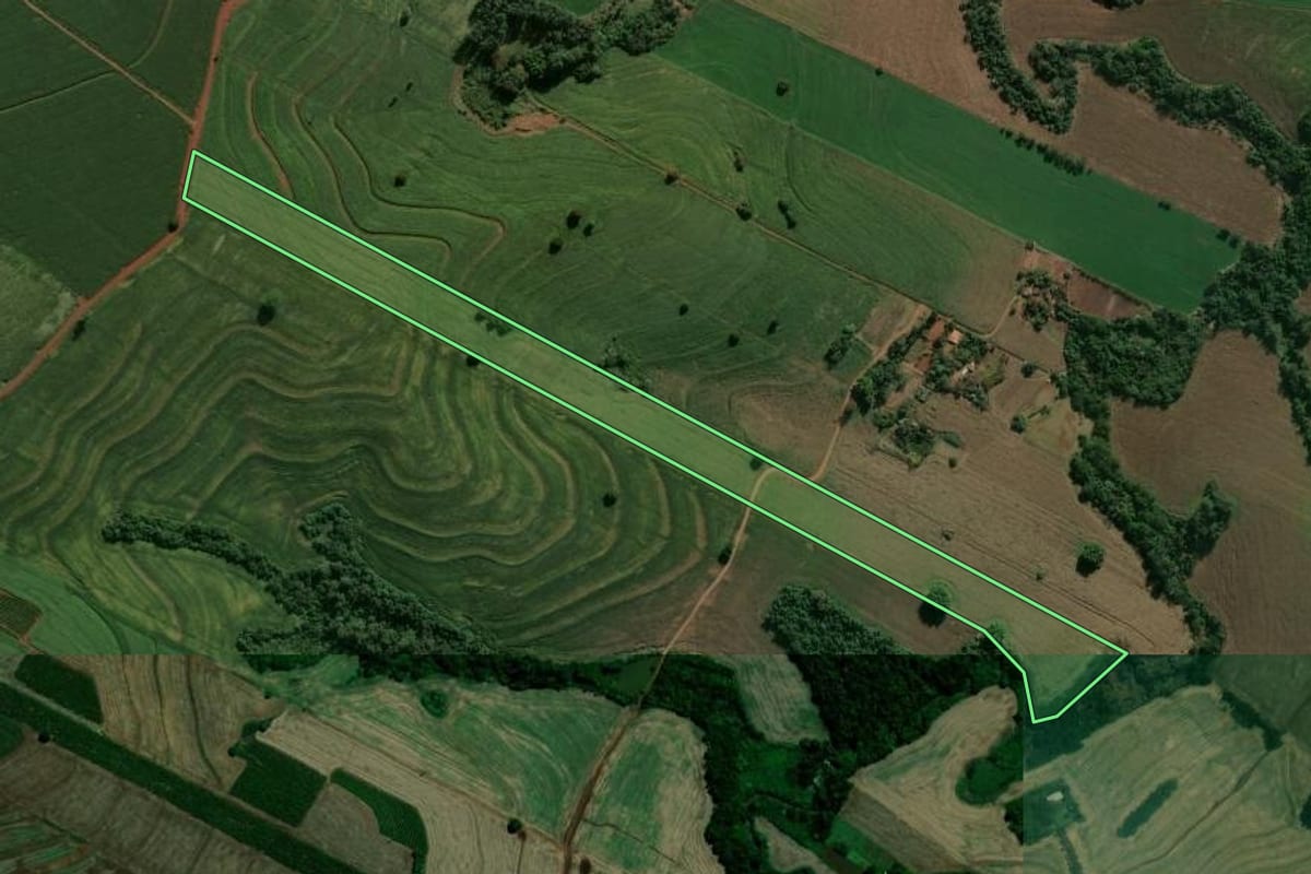 Imagem de satélite do imóvel rural em Rolândia (PR), com o contorno declarado no CAR desenhado por cima.