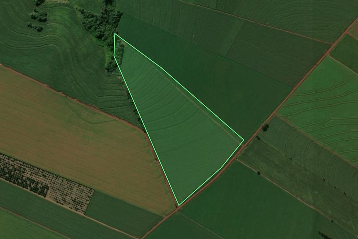 Imagem de satélite do imóvel rural em Rolândia (PR), com o contorno declarado no CAR desenhado por cima.