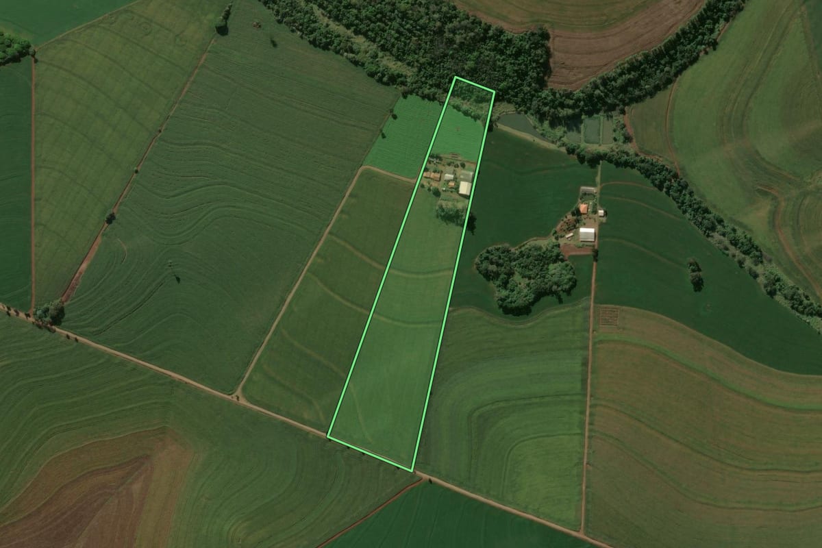 Imagem de satélite do imóvel rural em Rolândia (PR), com o contorno declarado no CAR desenhado por cima.