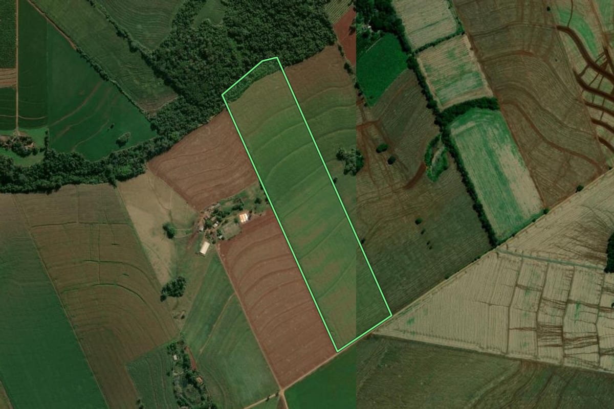 Imagem de satélite do imóvel rural em Rolândia (PR), com o contorno declarado no CAR desenhado por cima.