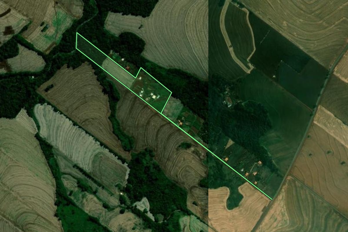 Imagem de satélite do imóvel rural em Rolândia (PR), com o contorno declarado no CAR desenhado por cima.