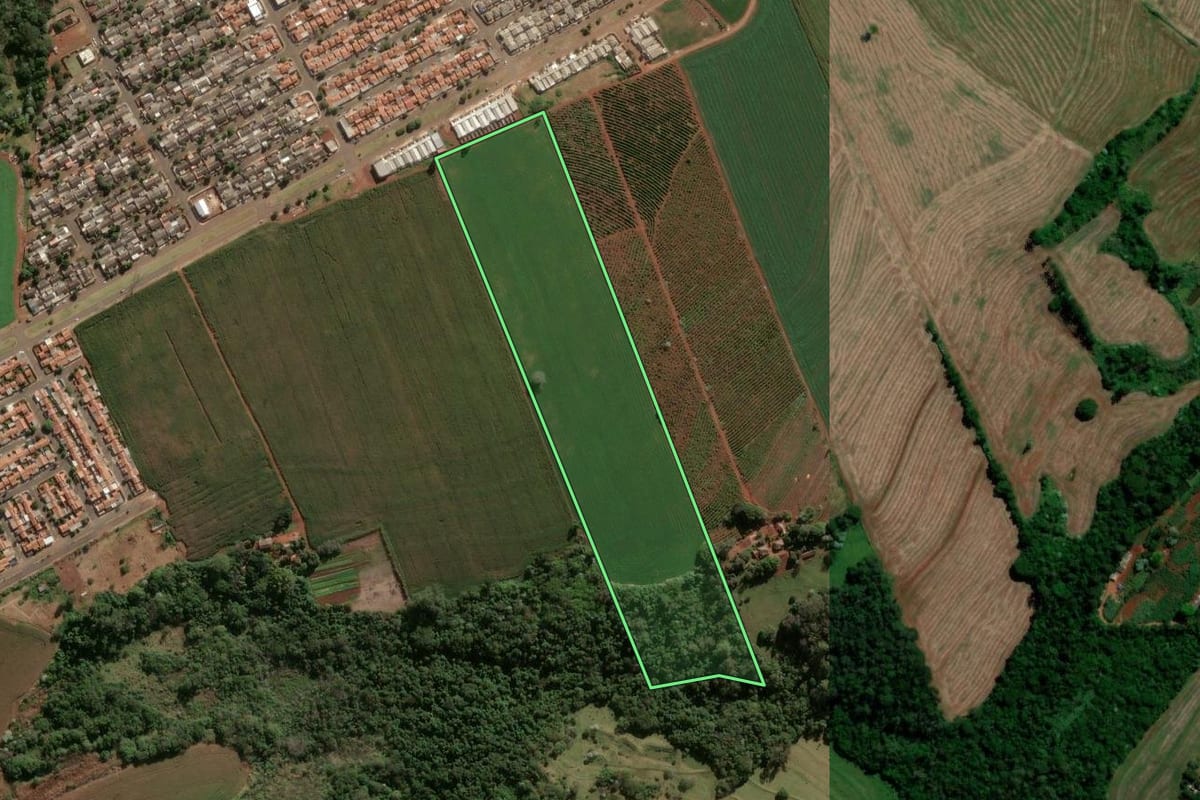 Imagem de satélite do imóvel rural em Rolândia (PR), com o contorno declarado no CAR desenhado por cima.