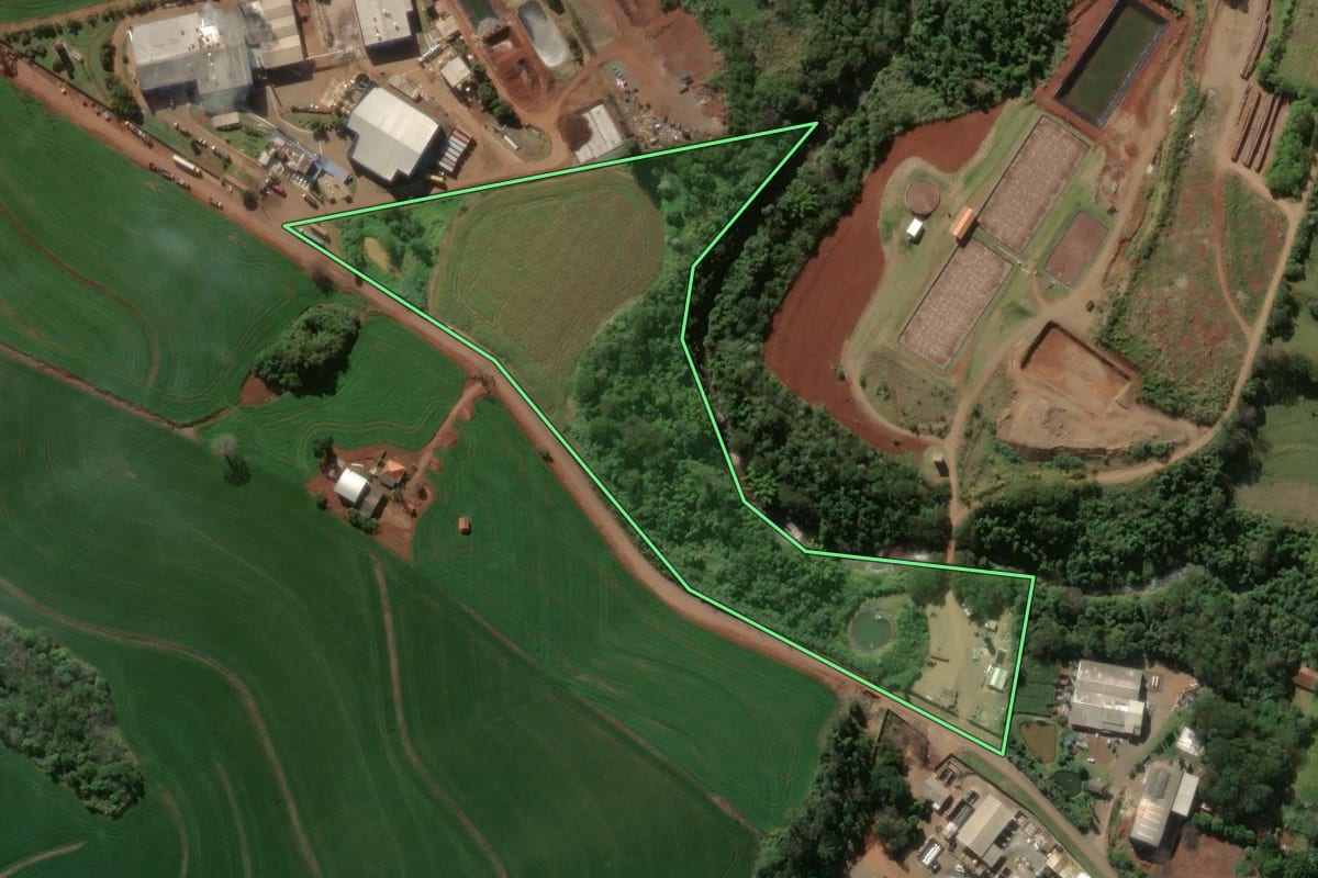 Imagem de satélite do imóvel rural em Rolândia (PR), com o contorno declarado no CAR desenhado por cima.