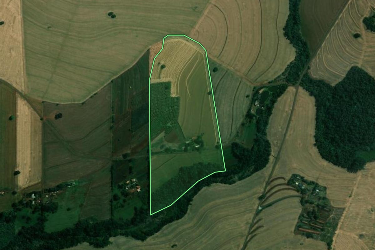 Imagem de satélite do imóvel rural em Rolândia (PR), com o contorno declarado no CAR desenhado por cima.