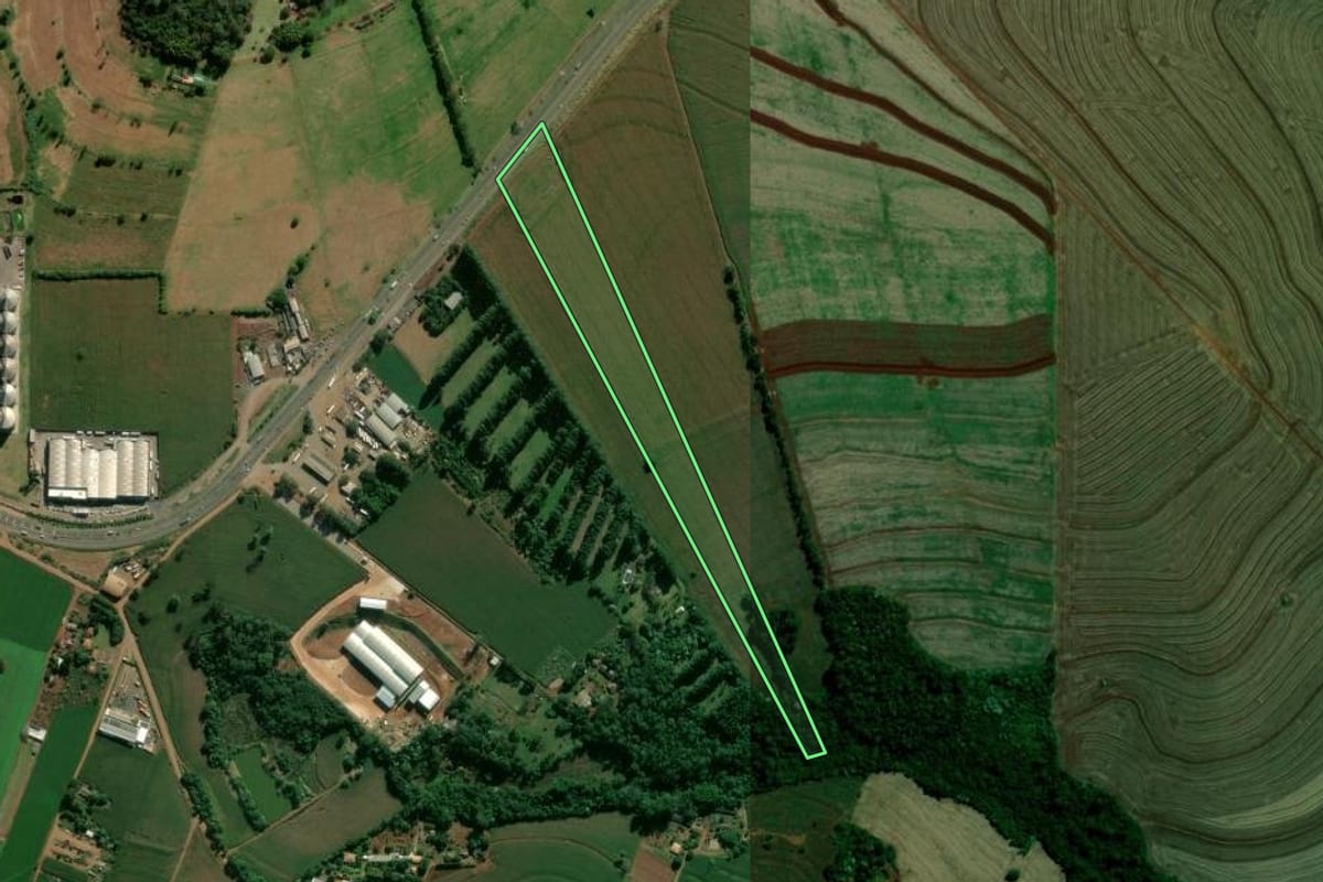 Imagem de satélite do imóvel rural em Rolândia (PR), com o contorno declarado no CAR desenhado por cima.