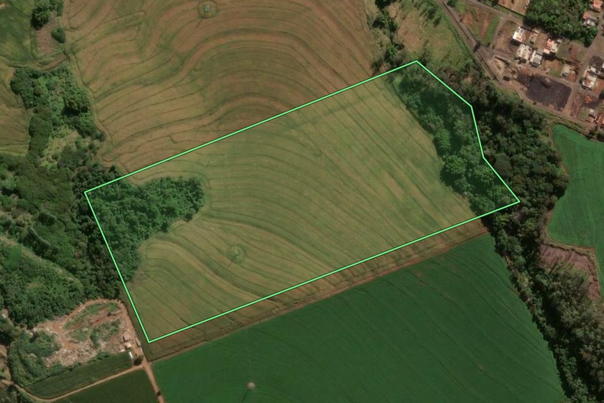 Imagem de satélite do imóvel rural em Rolândia (PR), com o contorno declarado no CAR desenhado por cima.