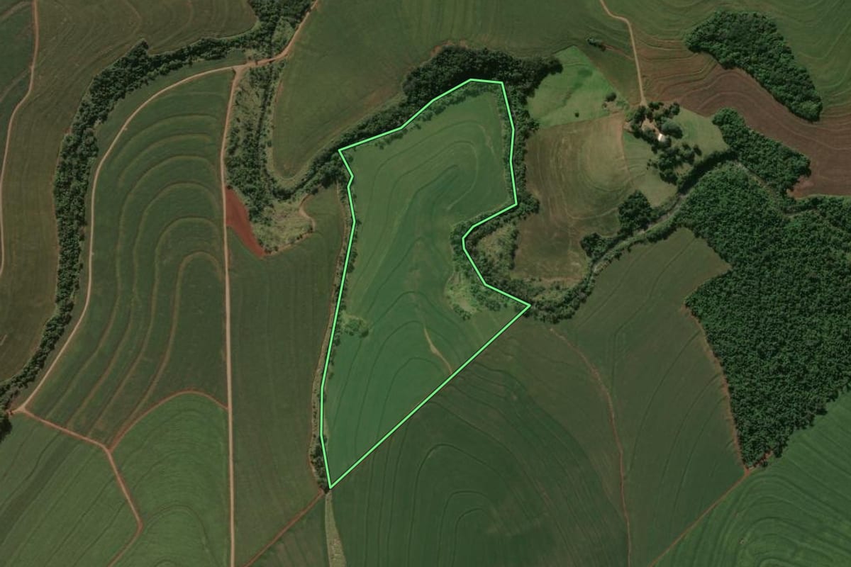 Imagem de satélite do imóvel rural em Rolândia (PR), com o contorno declarado no CAR desenhado por cima.