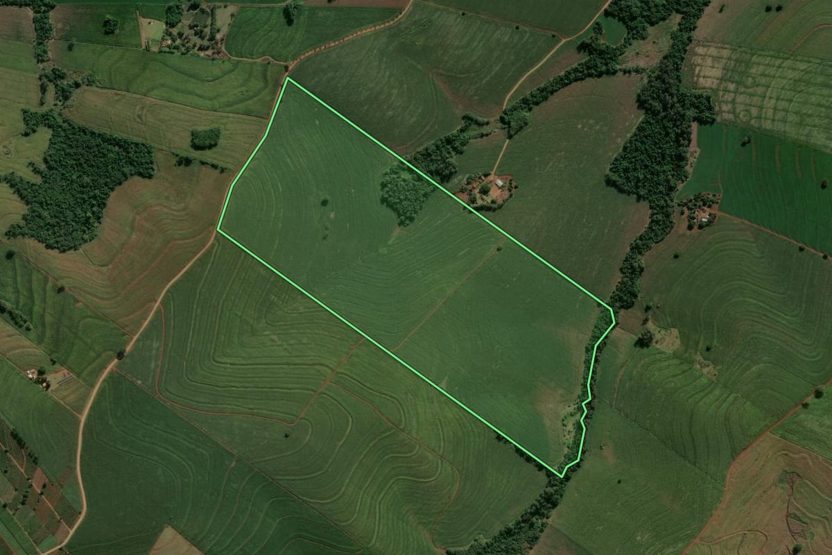 Imagem de satélite do imóvel rural em Rolândia (PR), com o contorno declarado no CAR desenhado por cima.