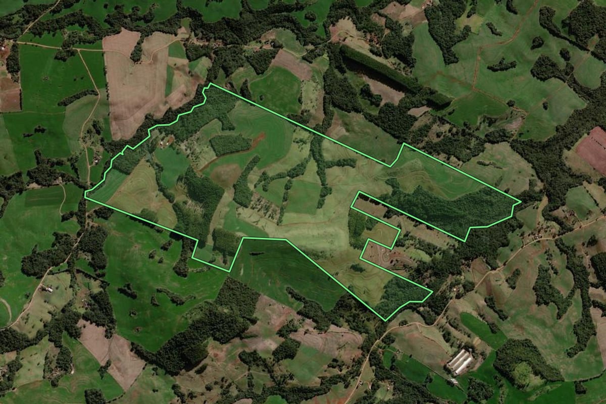 Imagem de satélite do imóvel rural em Roncador (PR), com o contorno declarado no CAR desenhado por cima.