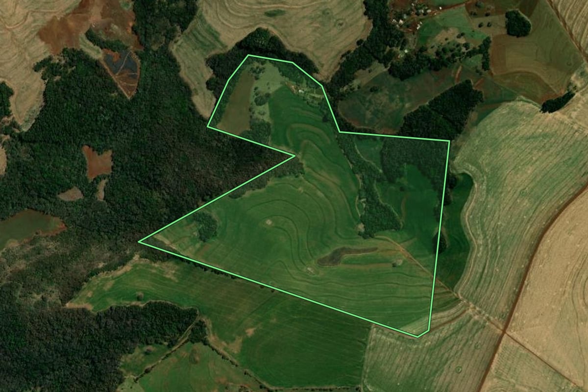 Imagem de satélite do imóvel rural em Roncador (PR), com o contorno declarado no CAR desenhado por cima.