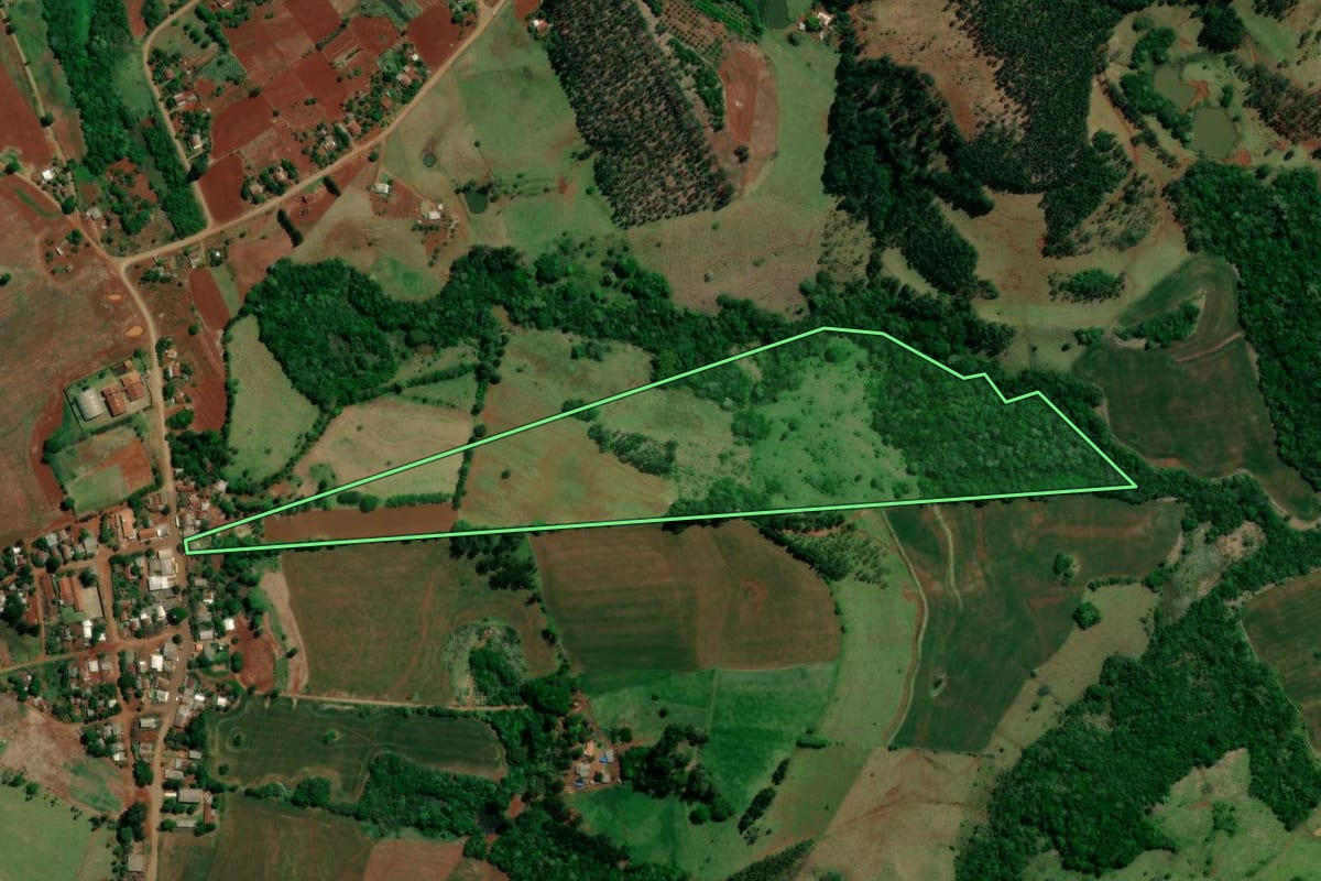 Imagem de satélite do imóvel rural em Roncador (PR), com o contorno declarado no CAR desenhado por cima.