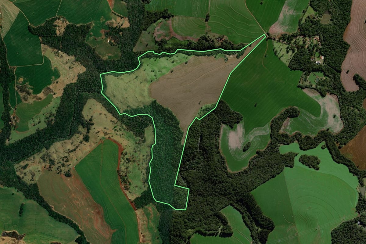 Imagem de satélite do imóvel rural em Roncador (PR), com o contorno declarado no CAR desenhado por cima.