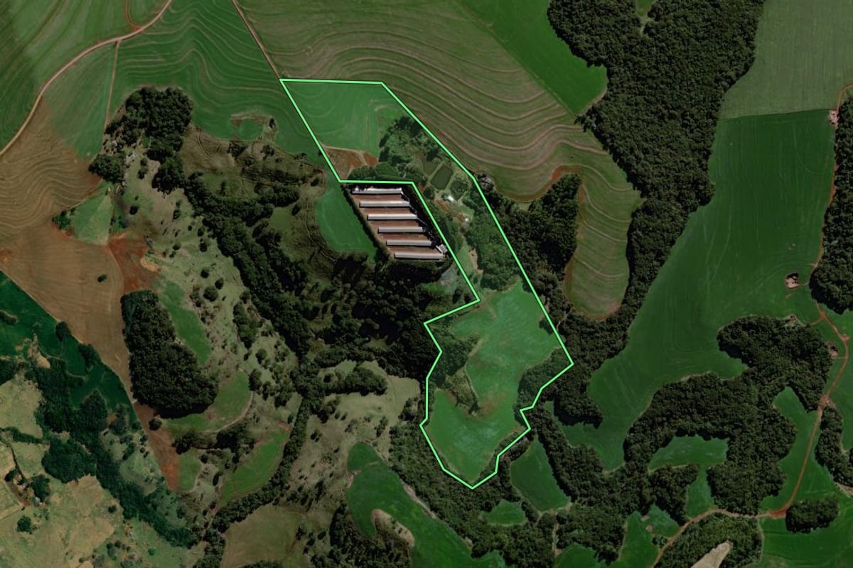 Imagem de satélite do imóvel rural em Roncador (PR), com o contorno declarado no CAR desenhado por cima.