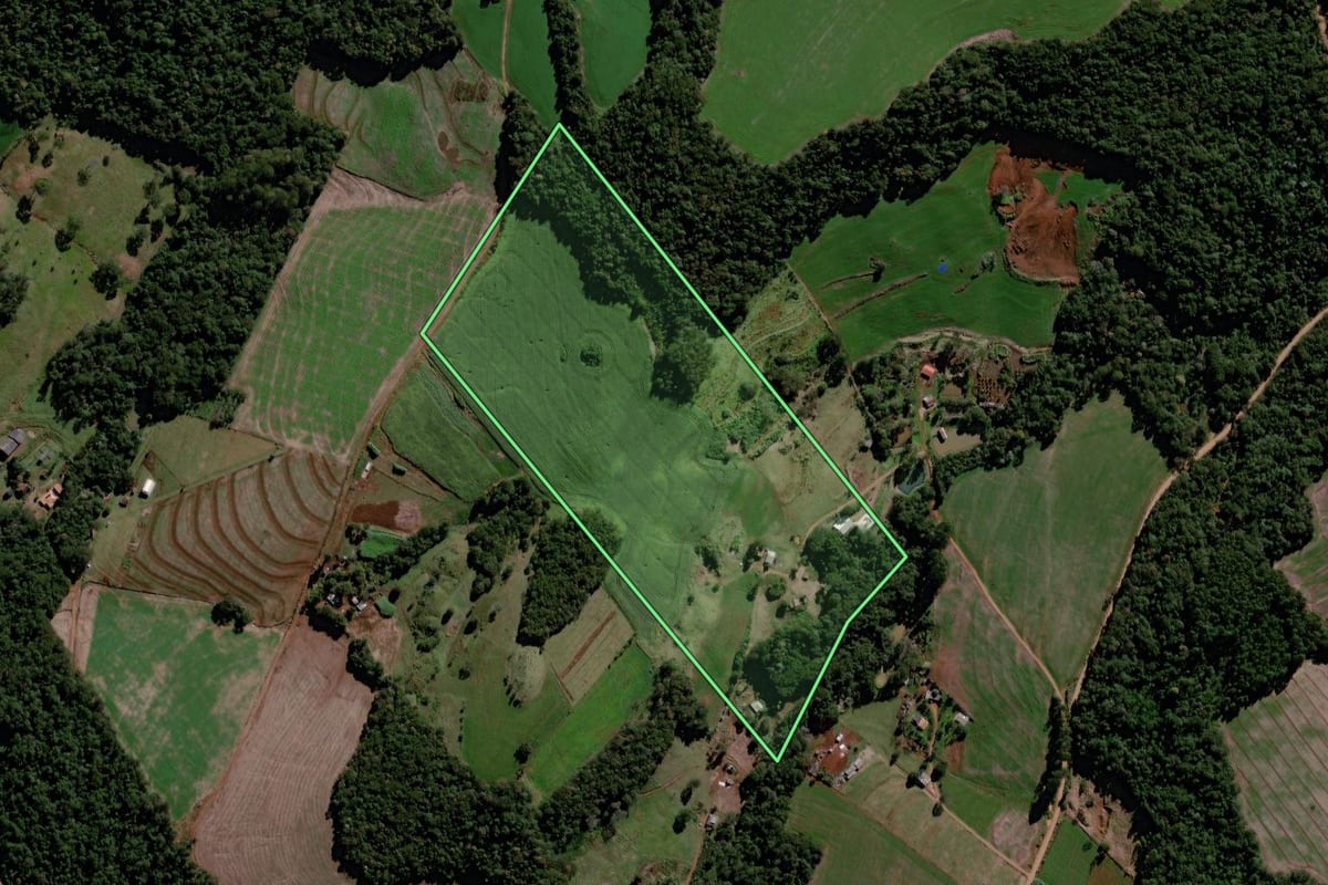 Imagem de satélite do imóvel rural em Roncador (PR), com o contorno declarado no CAR desenhado por cima.