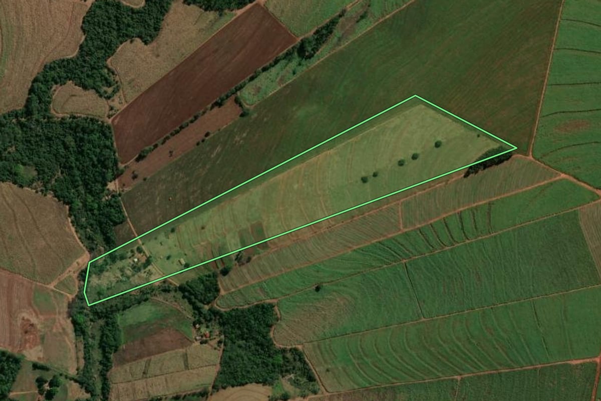 Imagem de satélite do imóvel rural em Rondon (PR), com o contorno declarado no CAR desenhado por cima.