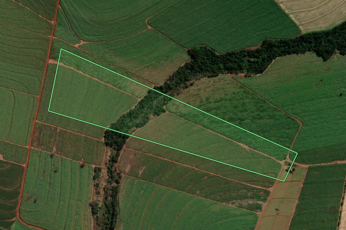 Imagem de satélite do imóvel rural em Rondon (PR), com o contorno declarado no CAR desenhado por cima.