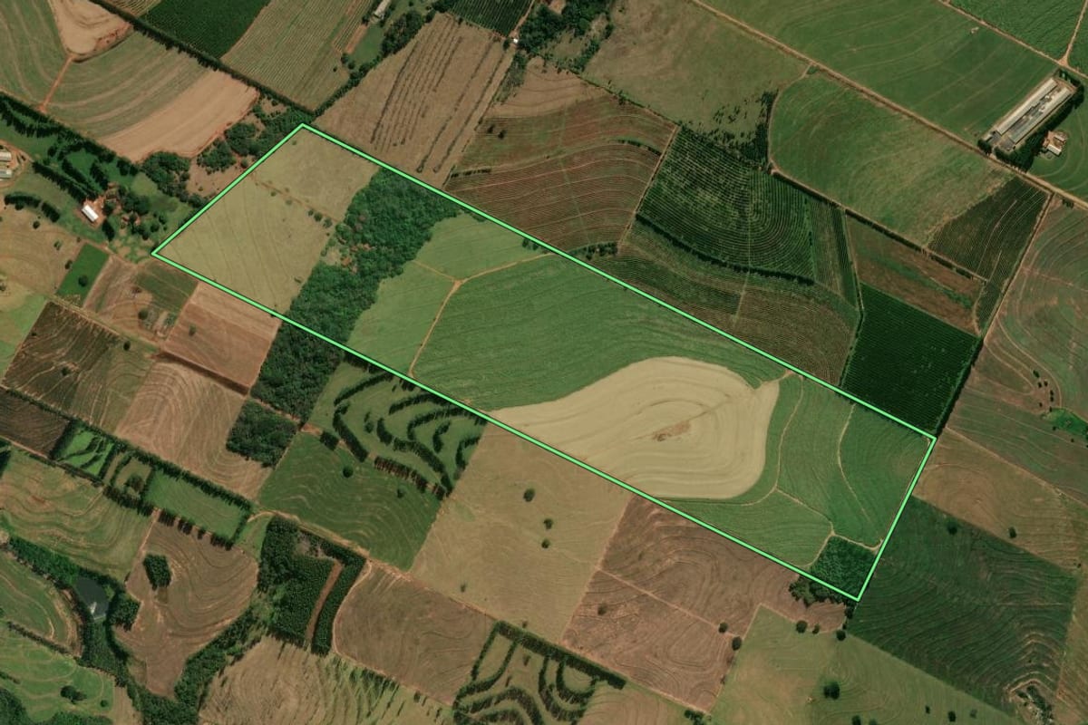 Imagem de satélite do imóvel rural em Rondon (PR), com o contorno declarado no CAR desenhado por cima.