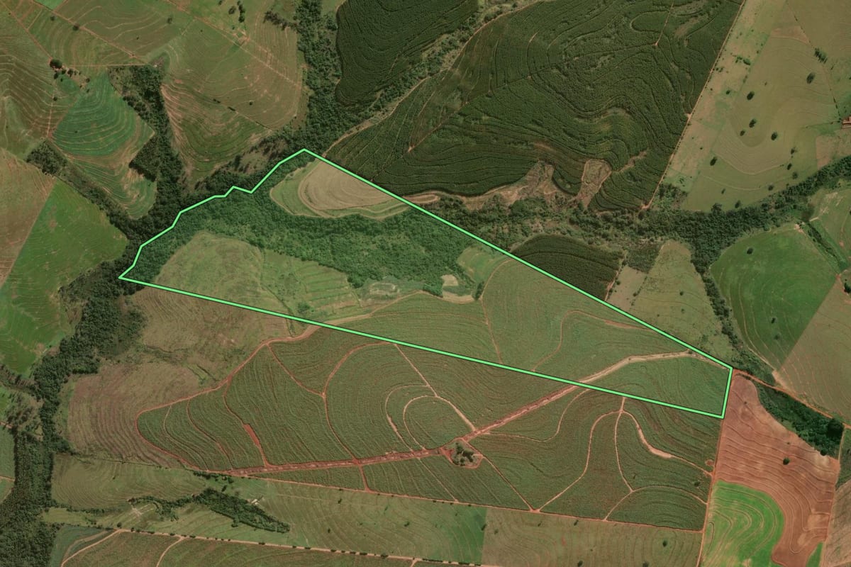 Imagem de satélite do imóvel rural em Rondon (PR), com o contorno declarado no CAR desenhado por cima.