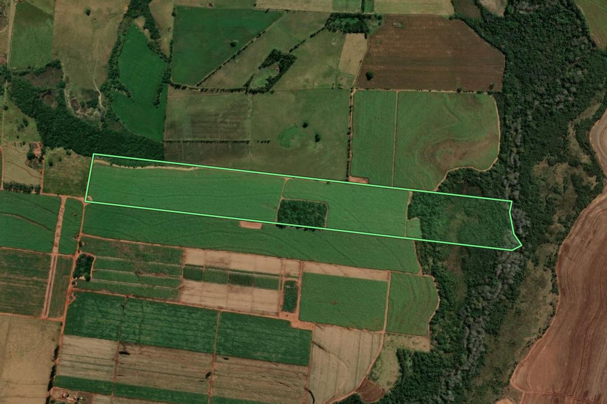 Imagem de satélite do imóvel rural em Rondon (PR), com o contorno declarado no CAR desenhado por cima.