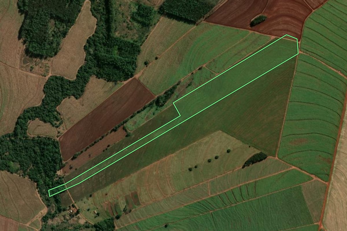 Imagem de satélite do imóvel rural em Rondon (PR), com o contorno declarado no CAR desenhado por cima.