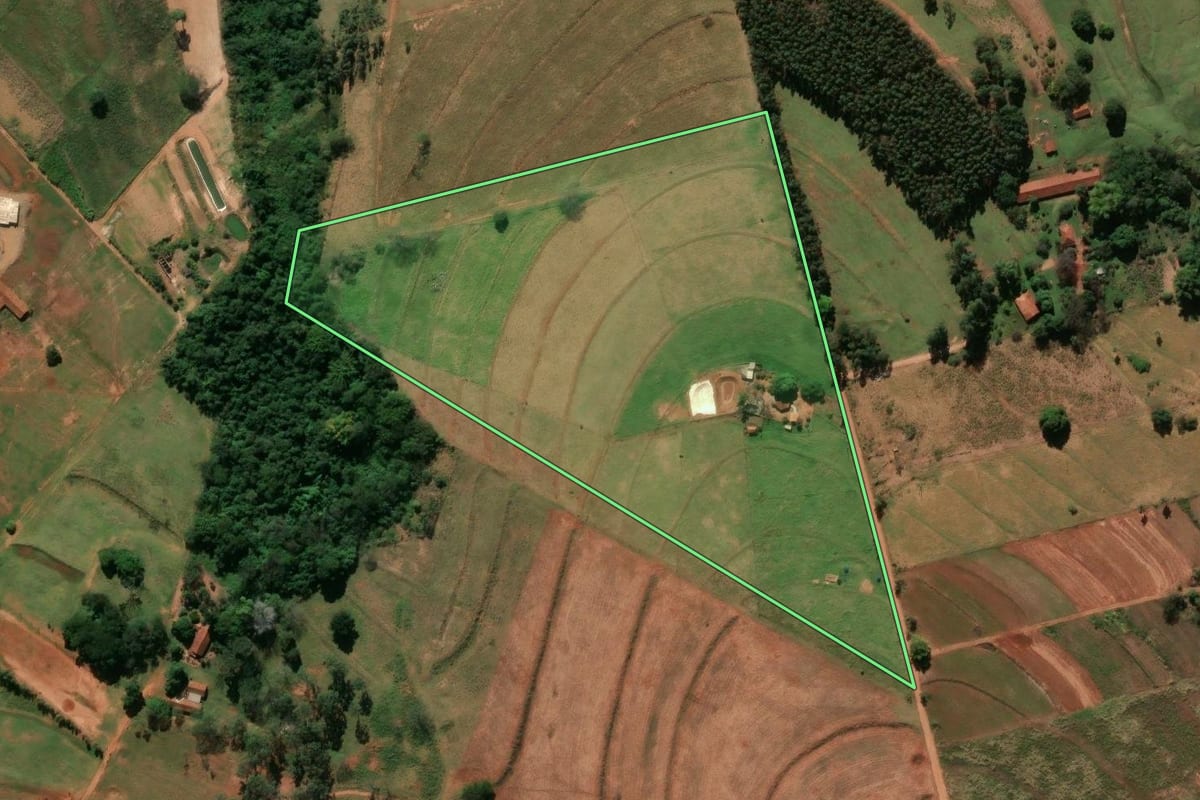 Imagem de satélite do imóvel rural em Rondon (PR), com o contorno declarado no CAR desenhado por cima.