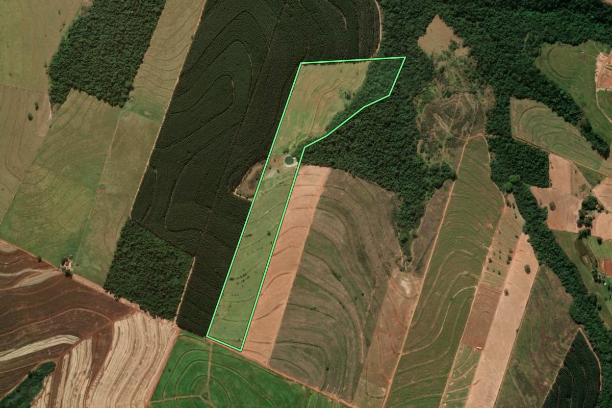 Imagem de satélite do imóvel rural em Rondon (PR), com o contorno declarado no CAR desenhado por cima.