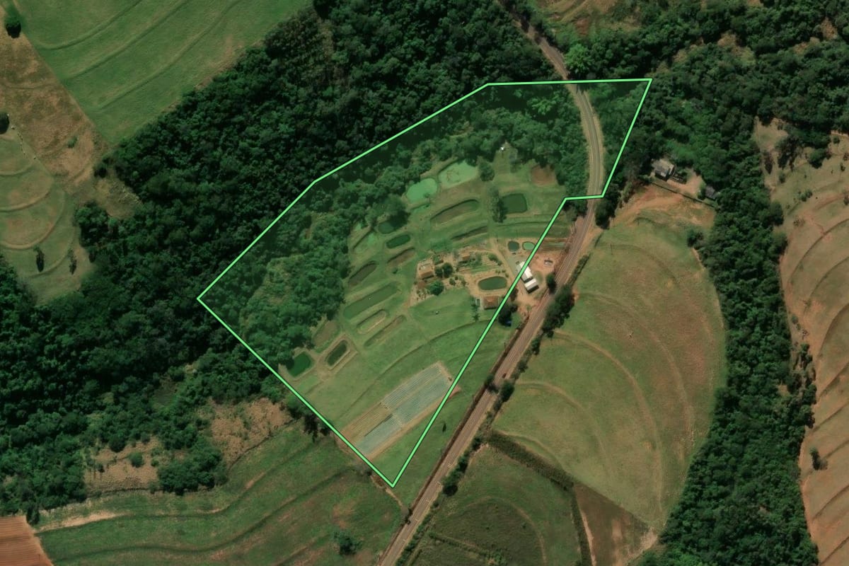 Imagem de satélite do imóvel rural em Rondon (PR), com o contorno declarado no CAR desenhado por cima.