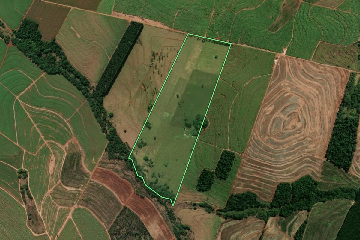 Imagem de satélite do imóvel rural em Rondon (PR), com o contorno declarado no CAR desenhado por cima.