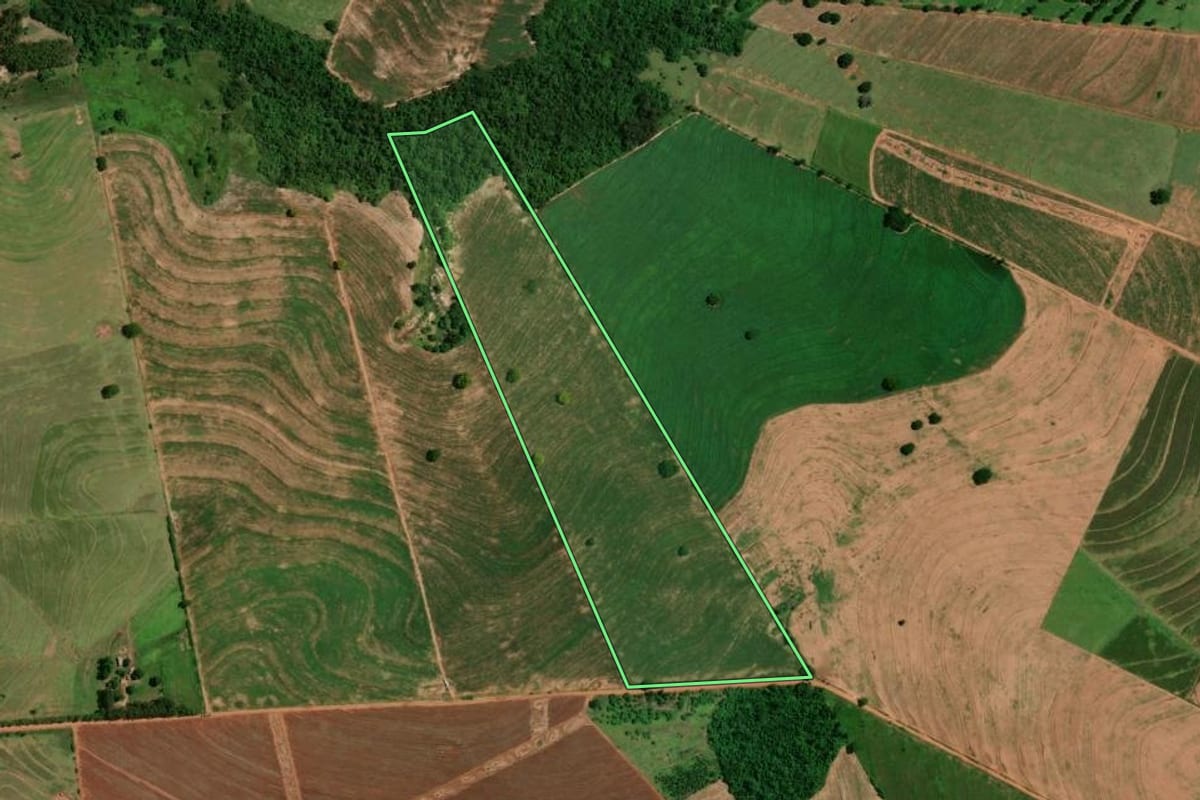 Imagem de satélite do imóvel rural em Rondon (PR), com o contorno declarado no CAR desenhado por cima.