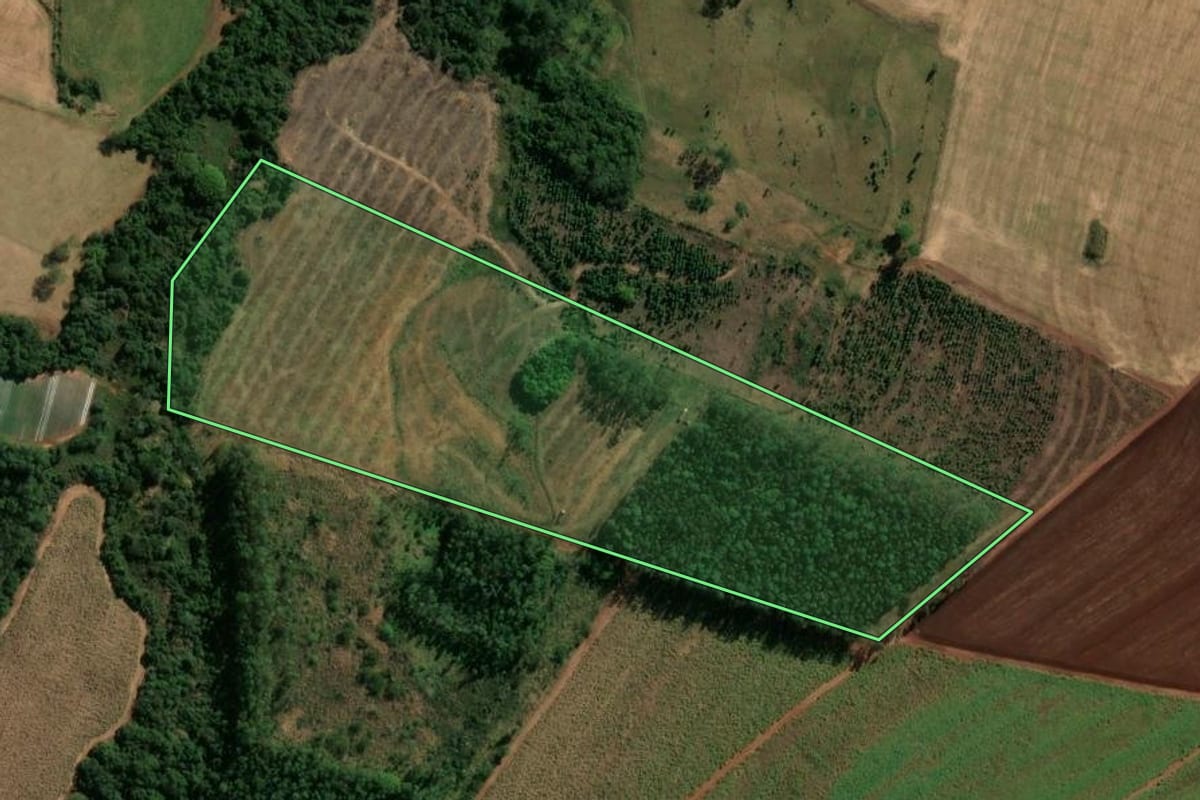 Imagem de satélite do imóvel rural em Rondon (PR), com o contorno declarado no CAR desenhado por cima.