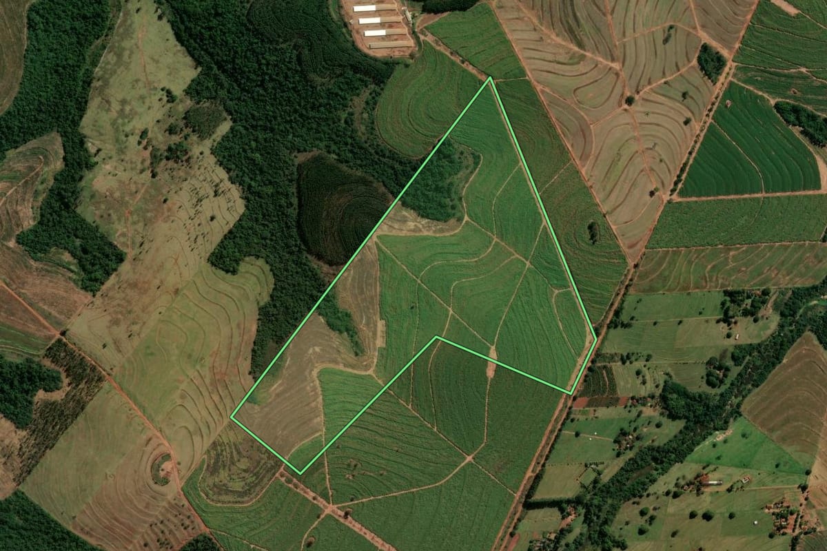 Imagem de satélite do imóvel rural em Rondon (PR), com o contorno declarado no CAR desenhado por cima.