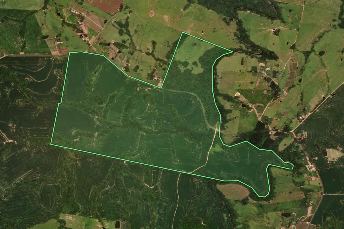 Imagem de satélite do imóvel rural em Rosário do Ivaí (PR), com o contorno declarado no CAR desenhado por cima.