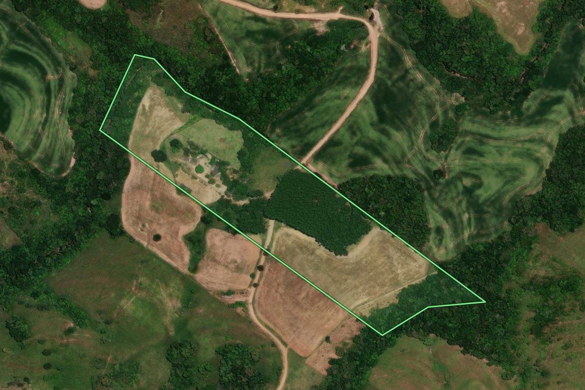 Imagem de satélite do imóvel rural em Rosário do Ivaí (PR), com o contorno declarado no CAR desenhado por cima.