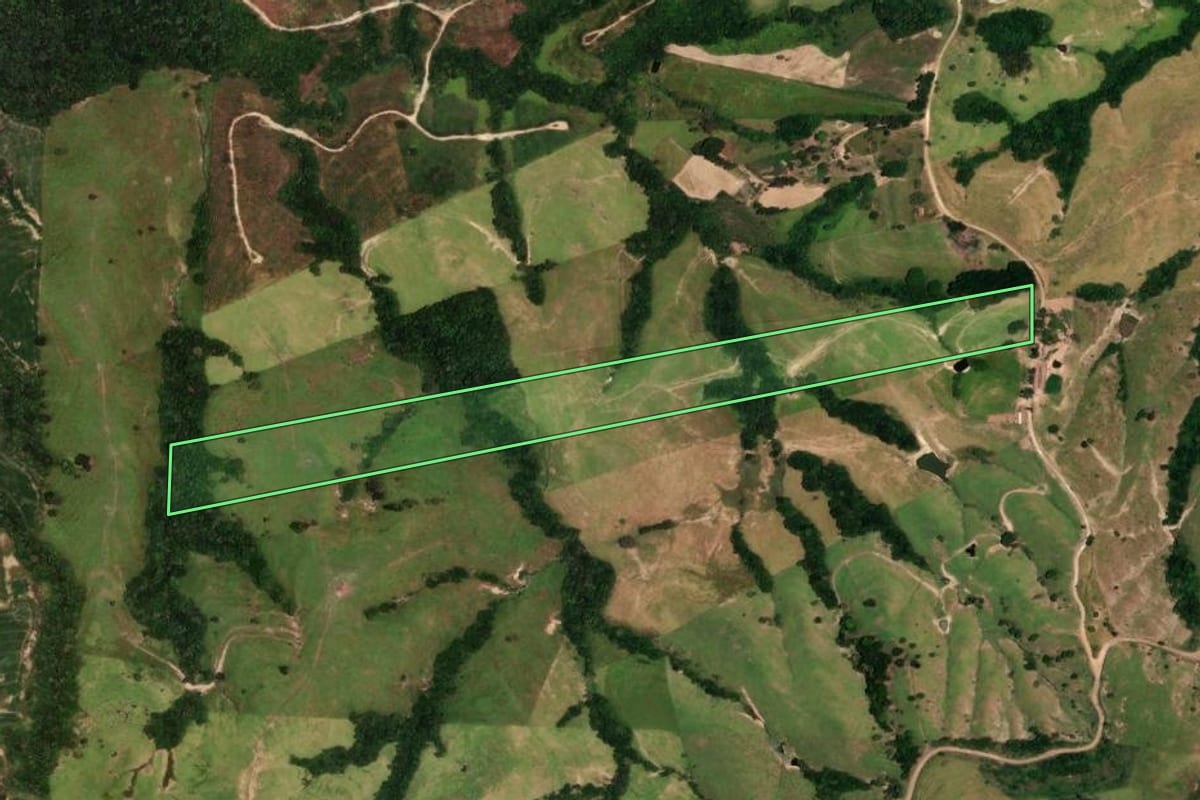 Imagem de satélite do imóvel rural em Rosário do Ivaí (PR), com o contorno declarado no CAR desenhado por cima.