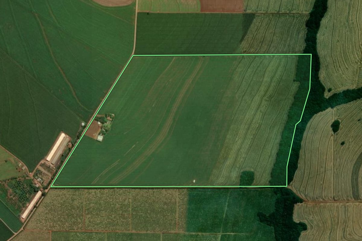 Imagem de satélite do imóvel rural em Sabáudia (PR), com o contorno declarado no CAR desenhado por cima.