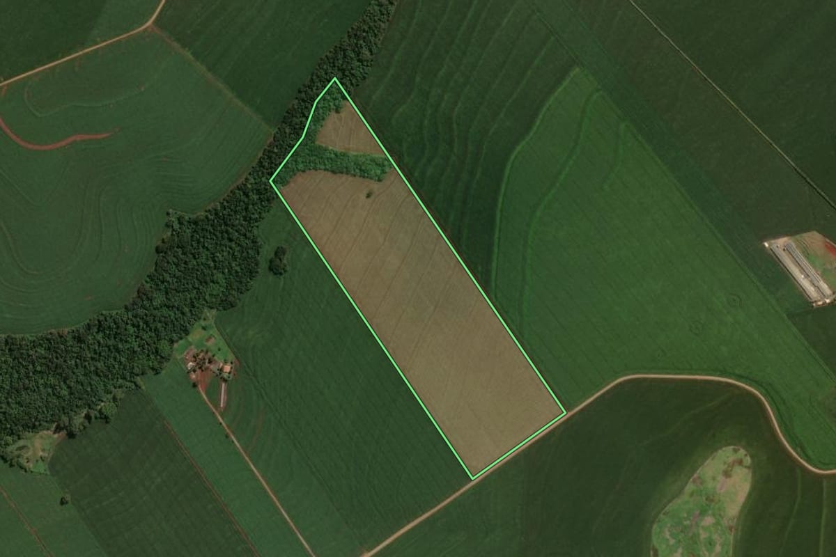 Imagem de satélite do imóvel rural em Sabáudia (PR), com o contorno declarado no CAR desenhado por cima.