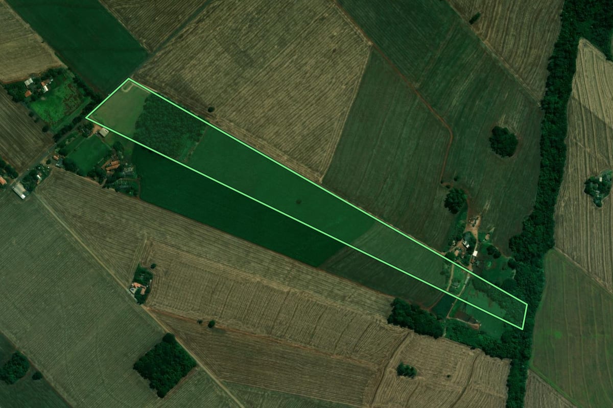 Imagem de satélite do imóvel rural em Sabáudia (PR), com o contorno declarado no CAR desenhado por cima.