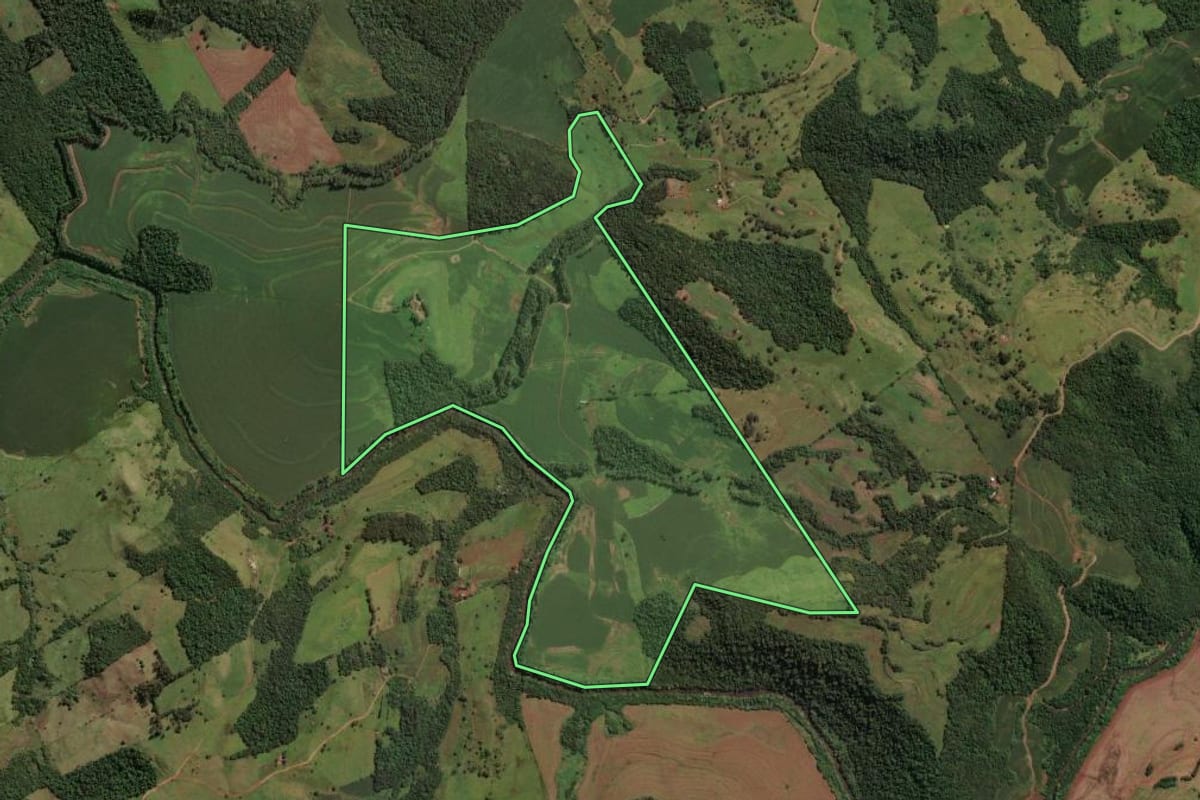Imagem de satélite do imóvel rural em Sabáudia (PR), com o contorno declarado no CAR desenhado por cima.