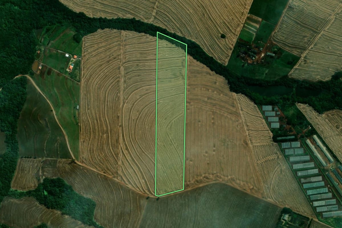 Imagem de satélite do imóvel rural em Sabáudia (PR), com o contorno declarado no CAR desenhado por cima.
