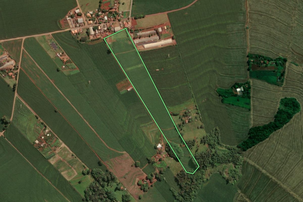 Imagem de satélite do imóvel rural em Sabáudia (PR), com o contorno declarado no CAR desenhado por cima.