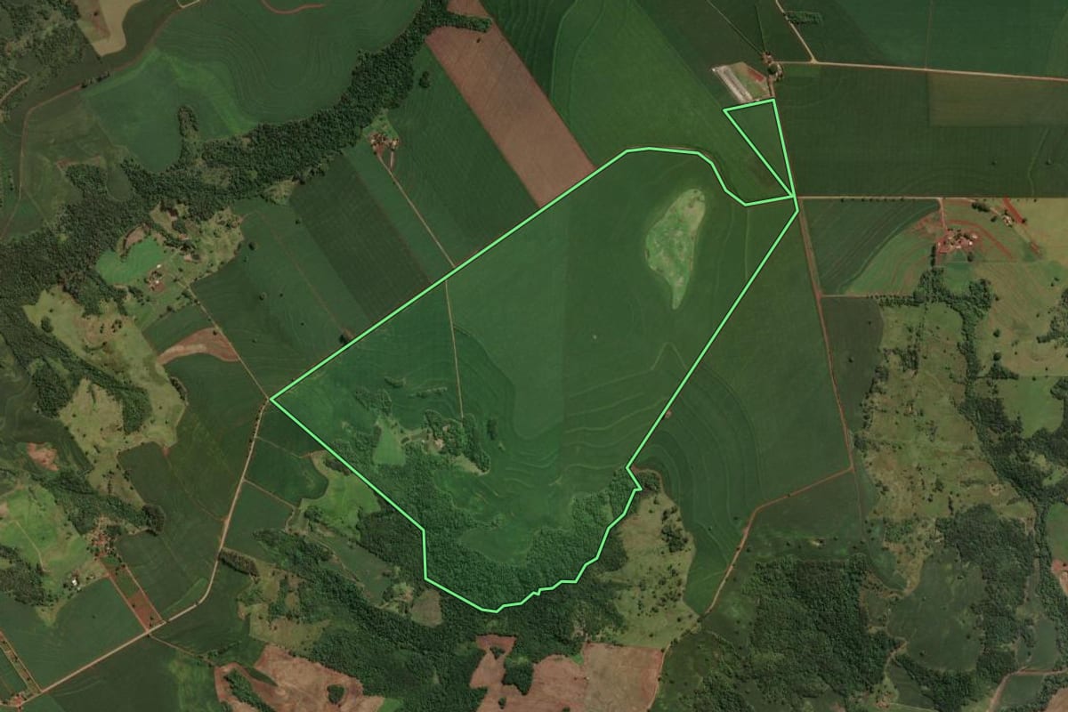 Imagem de satélite do imóvel rural em Sabáudia (PR), com o contorno declarado no CAR desenhado por cima.