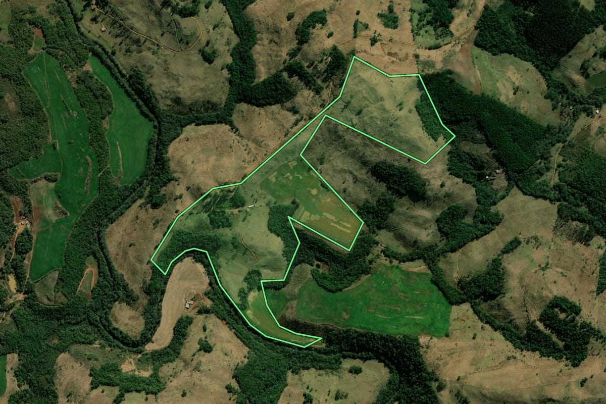 Imagem de satélite do imóvel rural em Salgado Filho (PR), com o contorno declarado no CAR desenhado por cima.