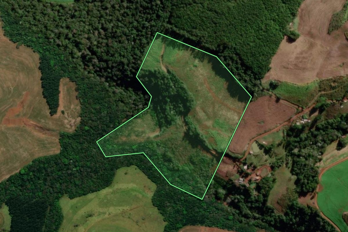 Imagem de satélite do imóvel rural em Salgado Filho (PR), com o contorno declarado no CAR desenhado por cima.