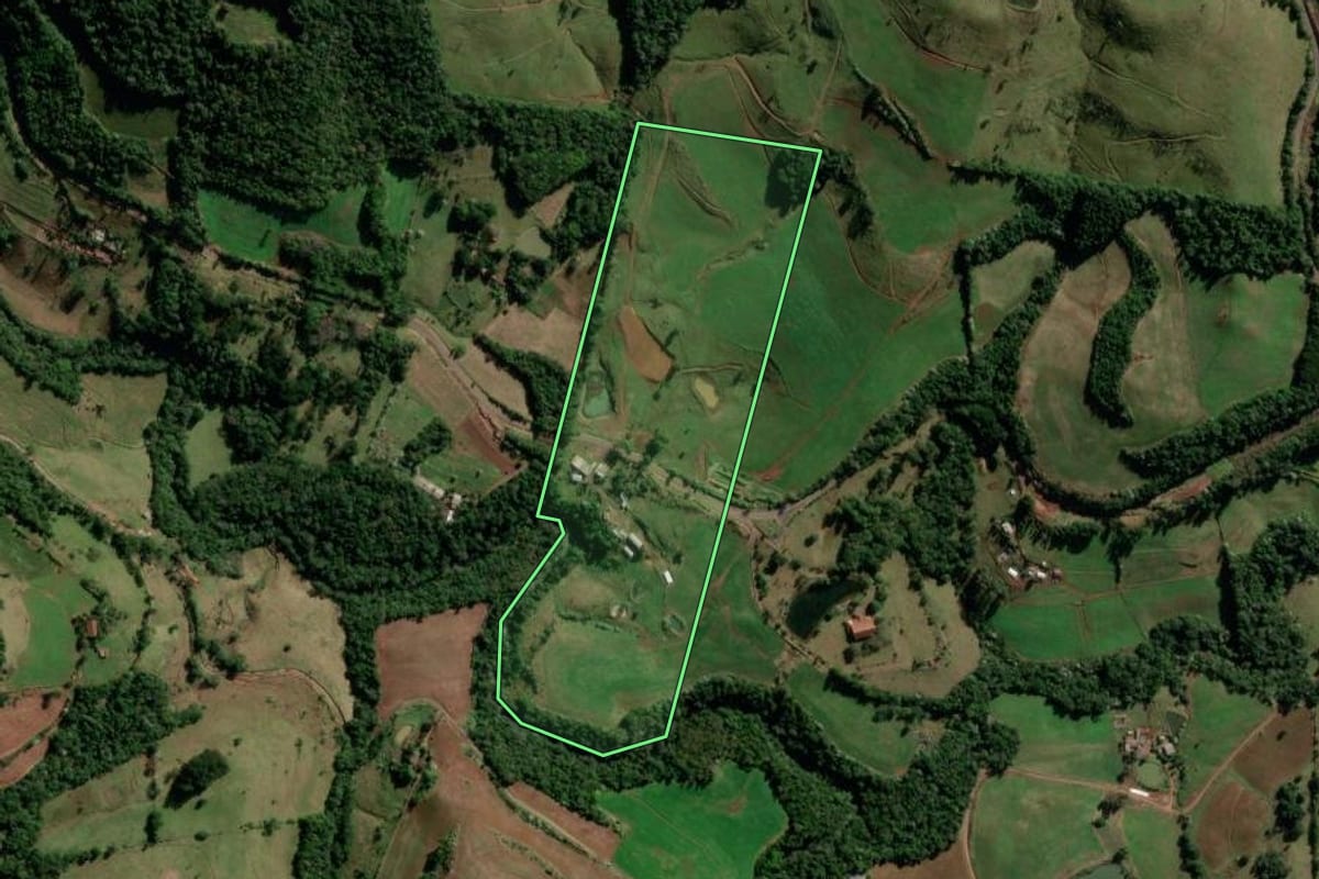 Imagem de satélite do imóvel rural em Salgado Filho (PR), com o contorno declarado no CAR desenhado por cima.