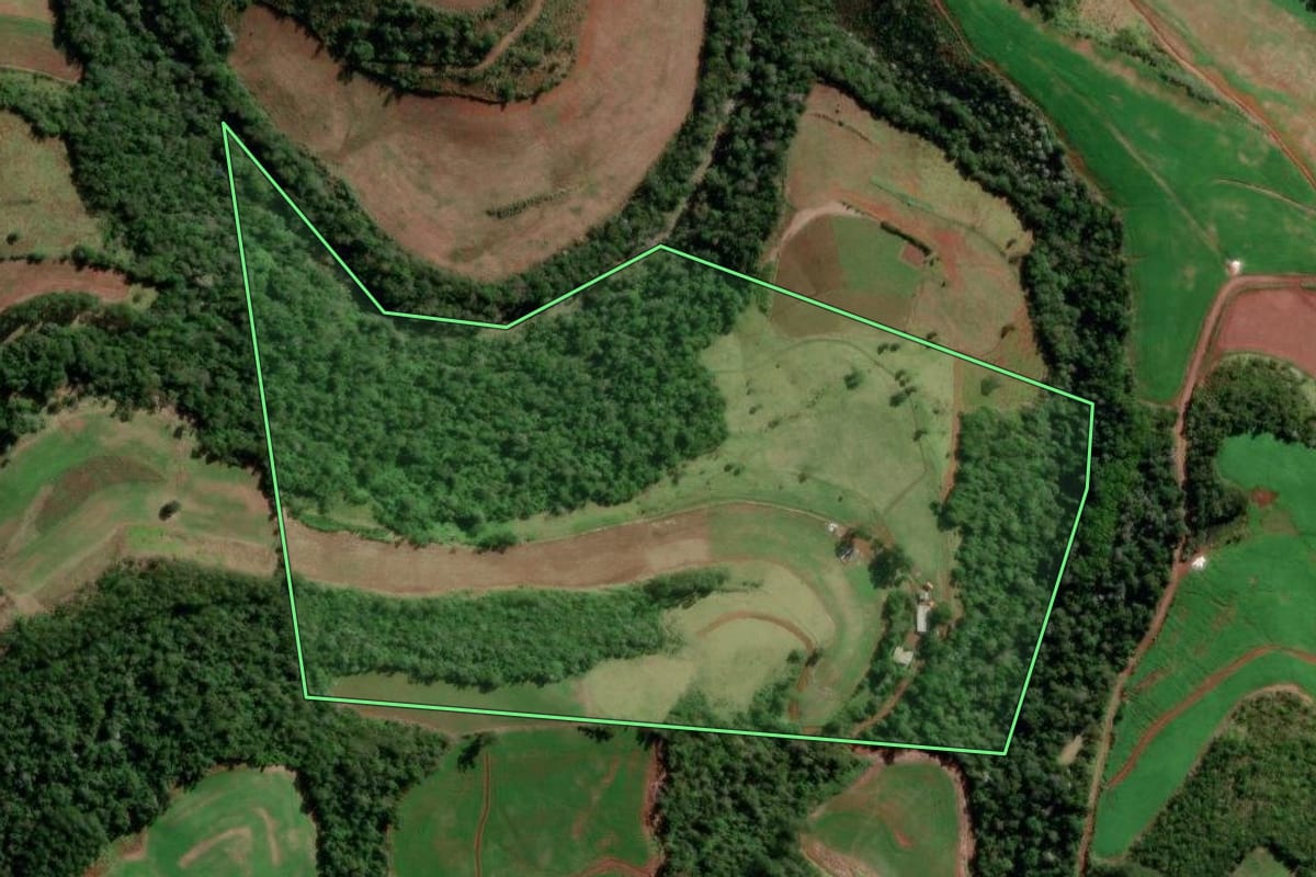Imagem de satélite do imóvel rural em Salgado Filho (PR), com o contorno declarado no CAR desenhado por cima.