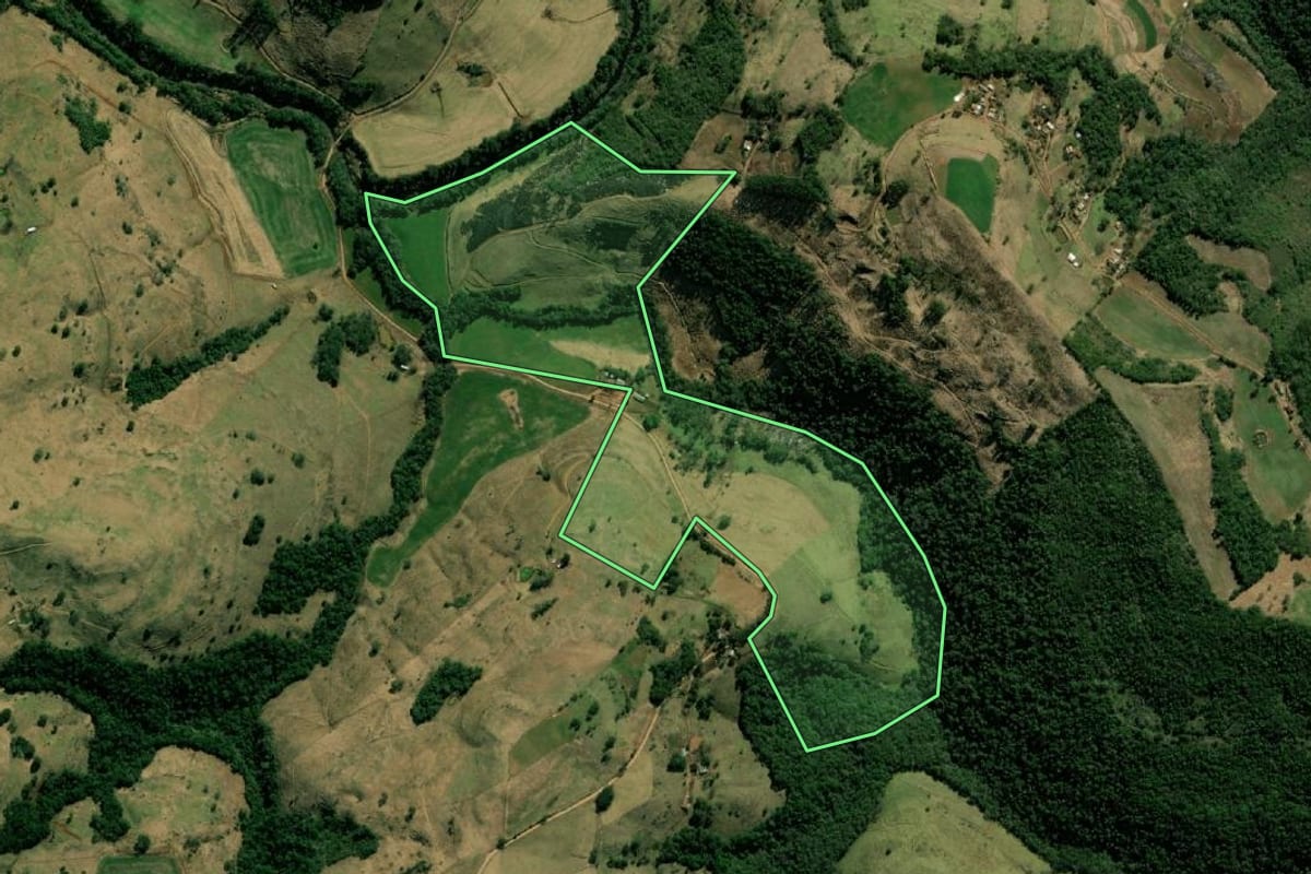 Imagem de satélite do imóvel rural em Salgado Filho (PR), com o contorno declarado no CAR desenhado por cima.